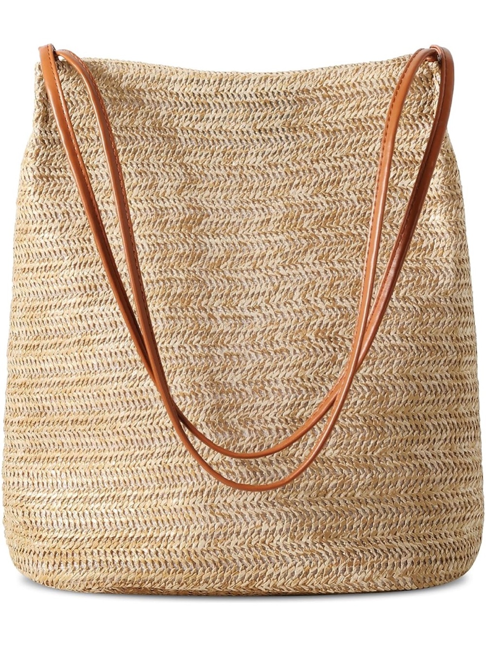 Straw Shoulder Tote Bag with Tan Leather Straps